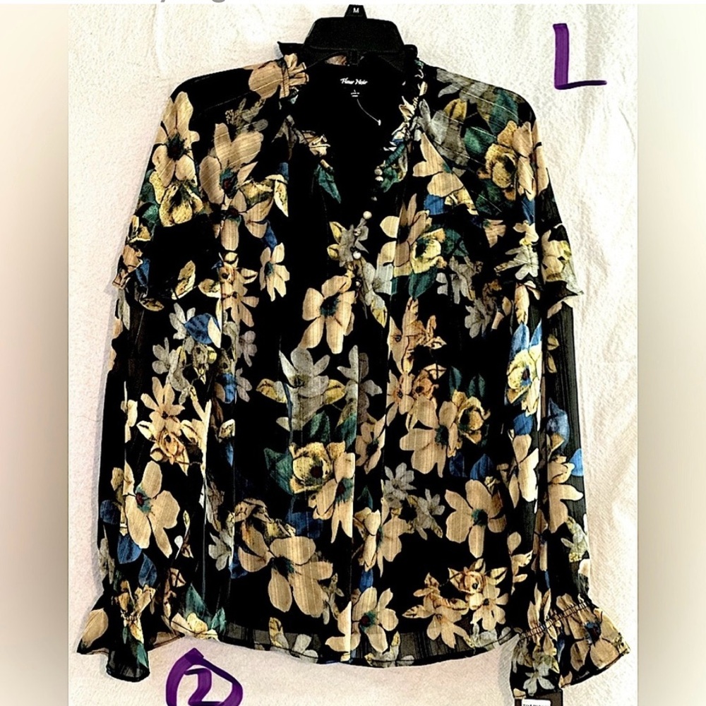 LADIES BLACK TOP WITH YELLOW, TAN, BLUE & WHITE FLOWERS